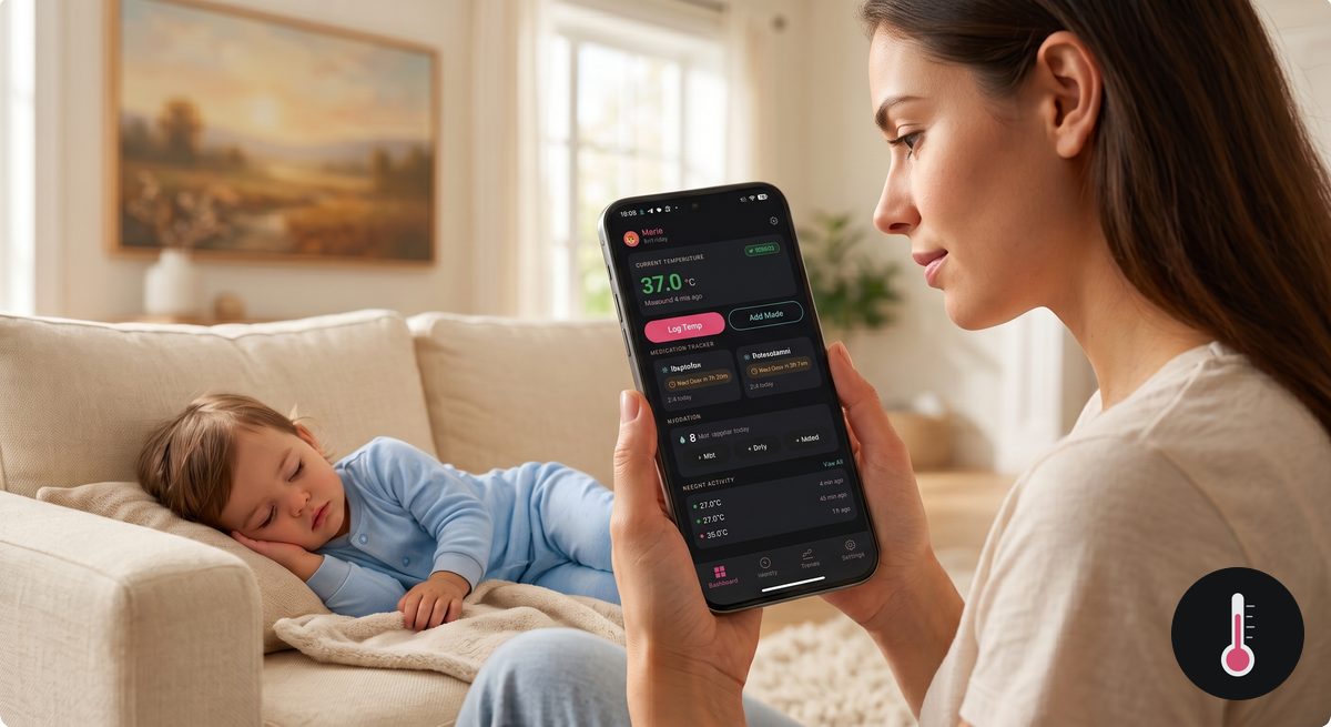 A parent checking their sick child's temperature and next medication dose in the Sick Baby app